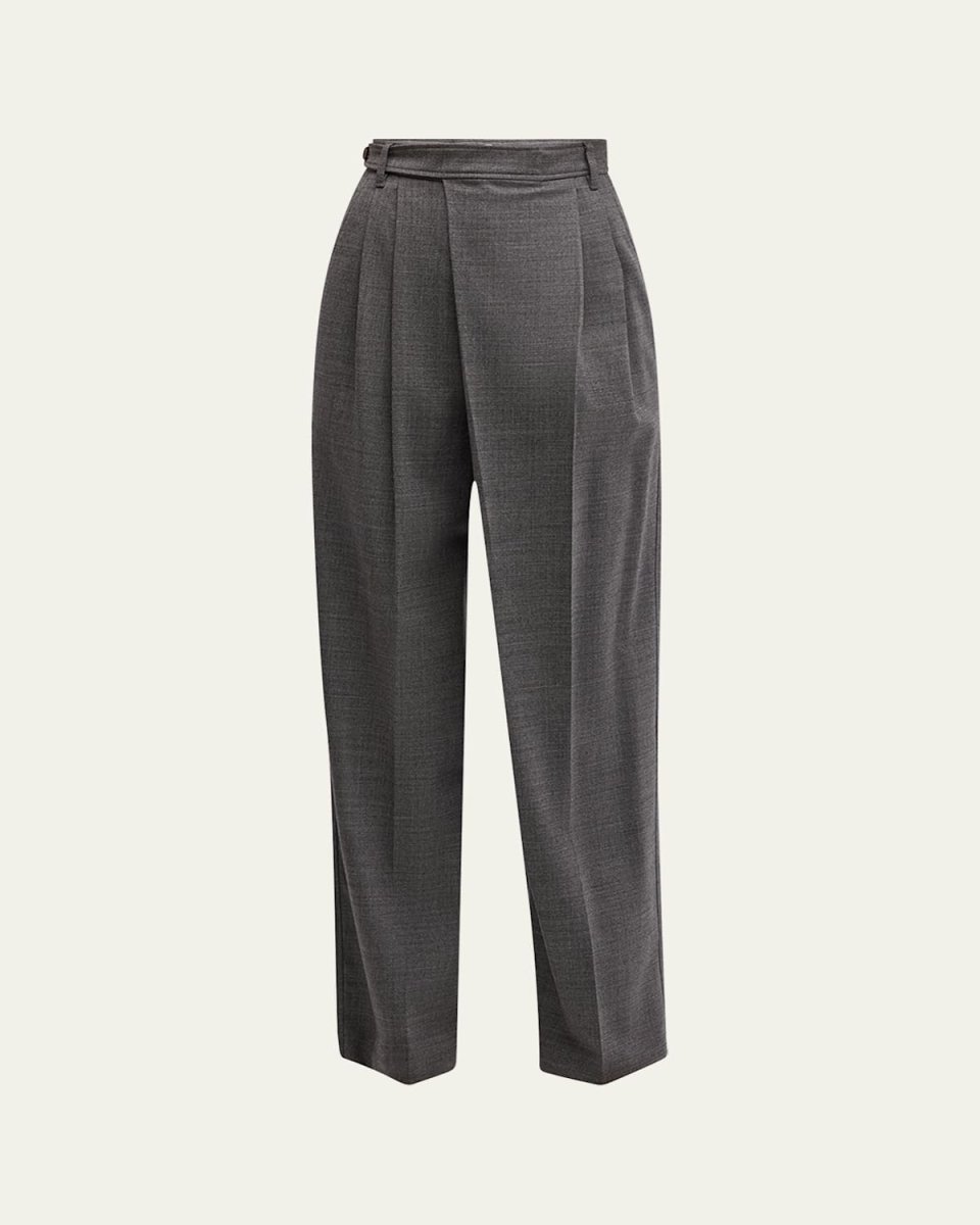 Stretch Wool Grisaille Crossover-Waist Wide-Leg Trousers